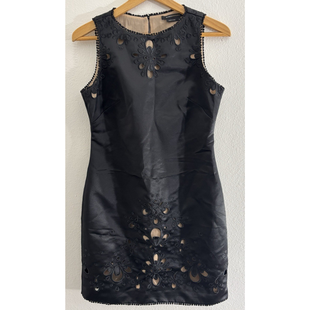 BCBGMaxAzria Black Sleeveless Laser-Cut Midi Sheath Dress